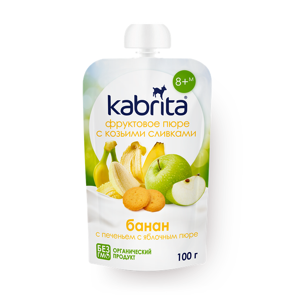 Пюре Kabrita с козьими сливками банан с печеньем и яблочным пюре с 8 месяцев