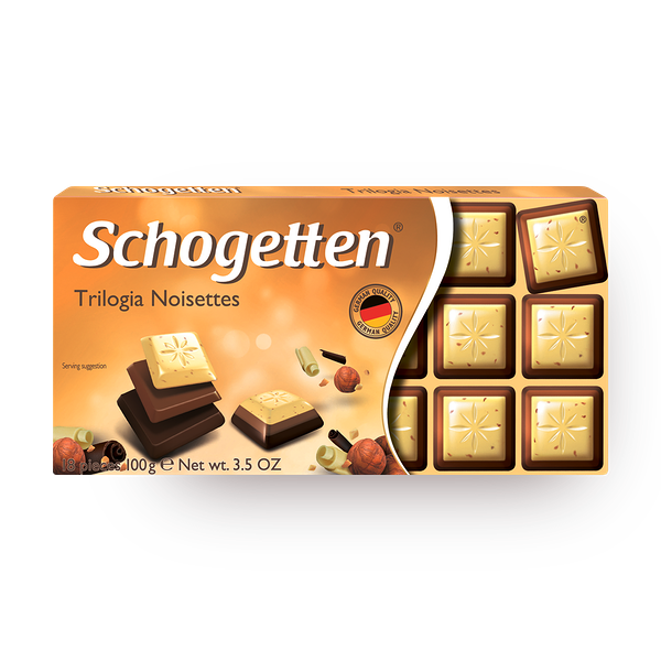 Шоколад белый и молочный Schogetten Trilogia с грильяжем и фундуком