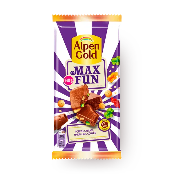 Шоколад Max Fun Alpen Gold молочная карамель, мармелад и печенье
