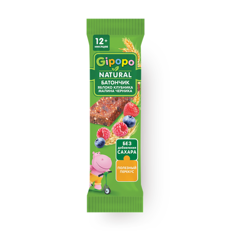 Батончик детский злаковый Gipopo яблоко, клубника, малина, черника