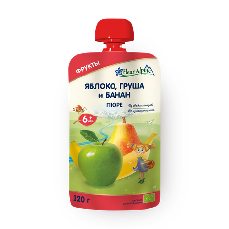 Пюре Fleur Alpine Organic яблоко-груша-банан с 6 месяцев без добавления сахара