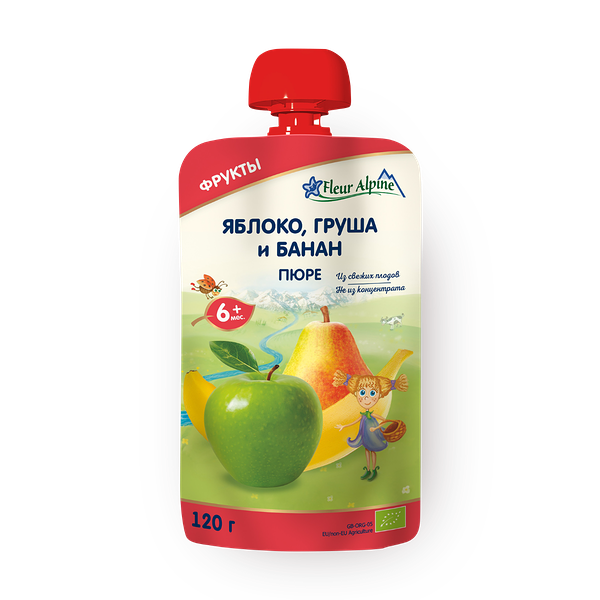 Пюре Fleur Alpine Organic яблоко-груша-банан с 6 месяцев без добавления сахара
