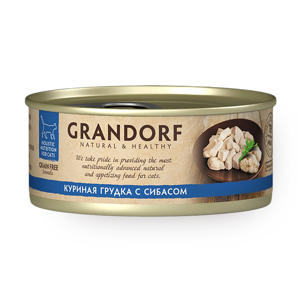 Влажный корм для кошек Grandorf куриная грудка с сибасом