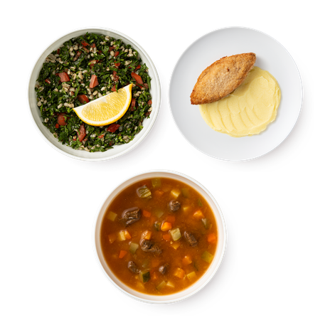 Рассольник Mazzali, 300 g + Котлета куриная с пюре, 230 g + Табуле Mazzali, 150 g