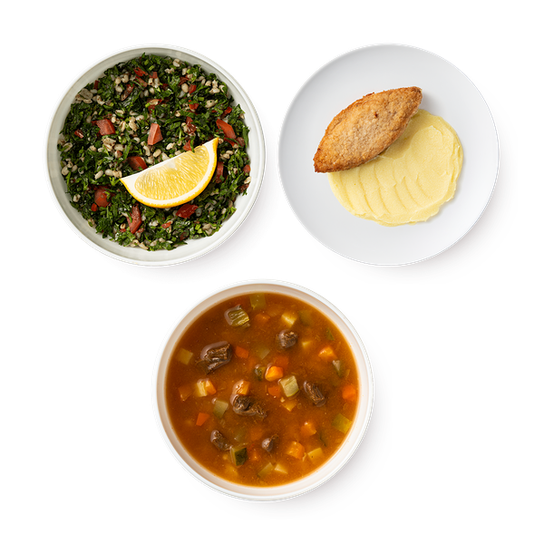 Рассольник Mazzali, 300 g + Котлета куриная с пюре, 230 g + Табуле Mazzali, 150 g