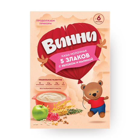Каша молочная сухая «Винни» растворимая 5 злаков яблоко-малина