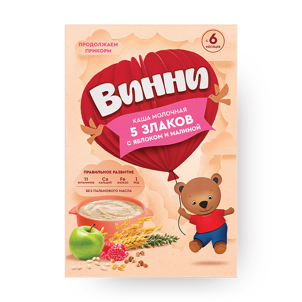 Каша молочная сухая «Винни» растворимая 5 злаков яблоко-малина