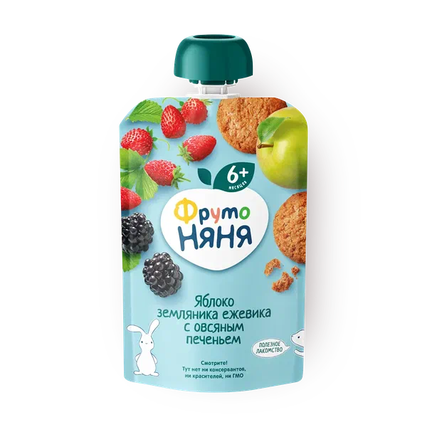Пюре «ФрутоНяня» яблоко, земляника и ежевика с овсяным печеньем с 6 месяцев