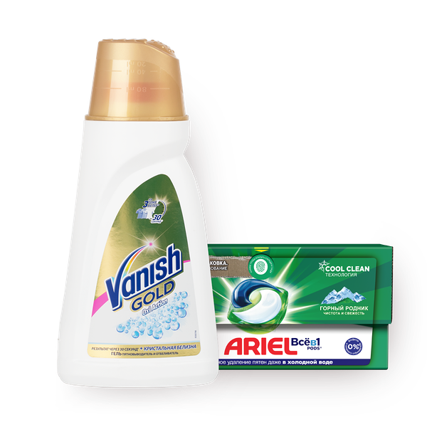 Пятновыводитель Vanish Gold Oxi Action Кристальная белизна гель, 1 L и Капсулы для стирки Ariel Всё в 1 Горный Родник, 28 pc.
