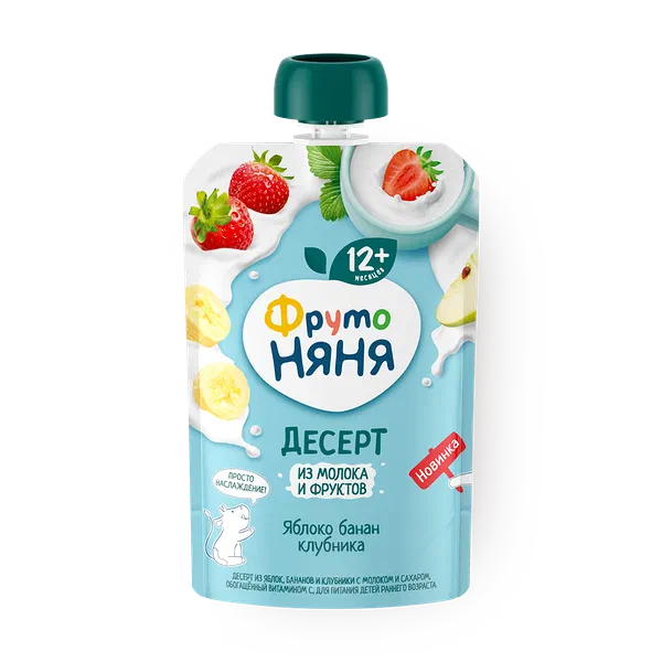 Десерт «Фрутоняня» из яблок, бананов и клубники с молоком и сахаром