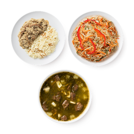 Бефстроганов с рисом Mazzali, 250 g + Щи из щавеля Mazzali, 300 g + Салат Витаминка Mazzali 180 g