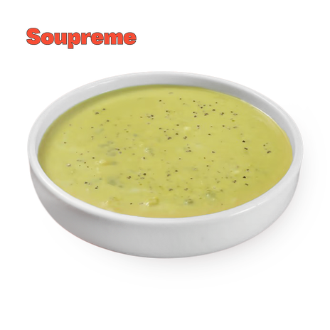 Soupreme Greens soup, garden peas and dumplings