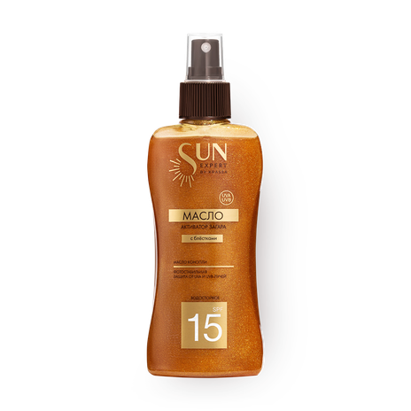 Масло активатор загара Krassa Sun Expert SPF 15 с блёстками и маслом конопли