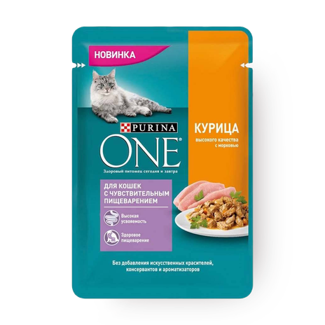 Влажный корм для кошек Purina One с чувствительным пищеварением с курицей и морковью