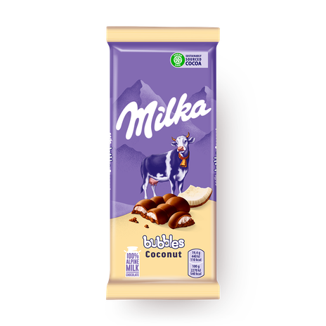 Шоколад молочный пористый Bubbles Milka c кокосовой начинкой