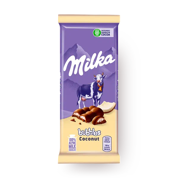 Шоколад молочный пористый Bubbles Milka c кокосовой начинкой