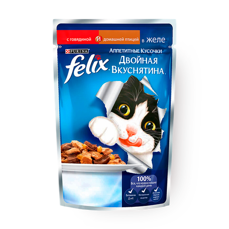 Влажный корм для кошек Felix Аппетитные кусочки Двойная вкуснятина с говядиной и домашней птицей в желе