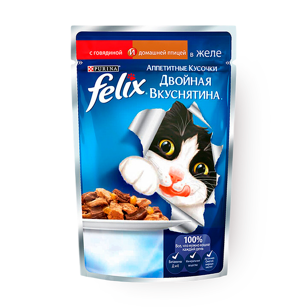 Влажный корм для кошек Felix Аппетитные кусочки Двойная вкуснятина с говядиной и домашней птицей в желе