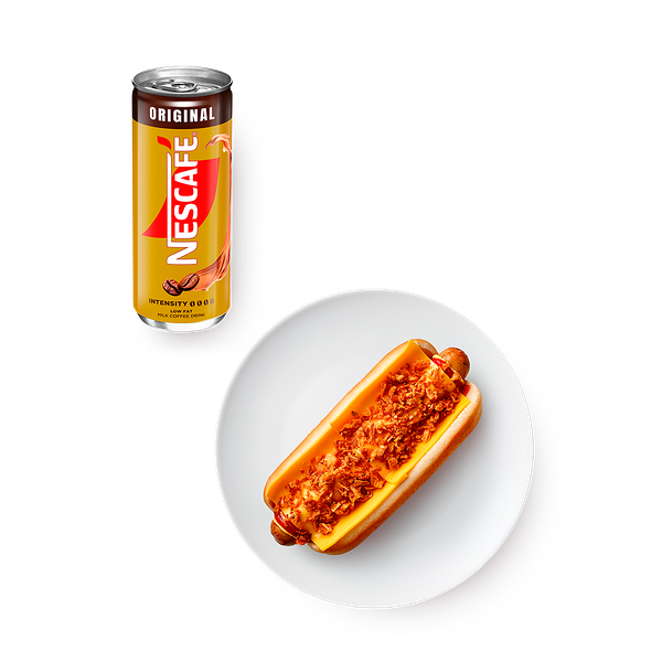 Хот-дог с запечённым сыром чеддер и говяжьей колбаской, 200 g + Напиток кофейный Nescafe Original с молоком негазированный, 240 ml