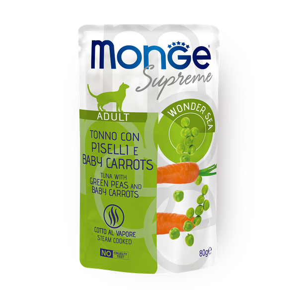 Влажный корм для кошек Monge Supreme тунец с зелёным горошком и мини-морковью