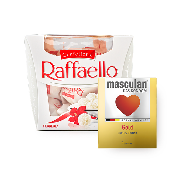 Конфеты Raffaello, 150 g + Презервативы Masculan Gold Luxury Edition №3, 3 шт