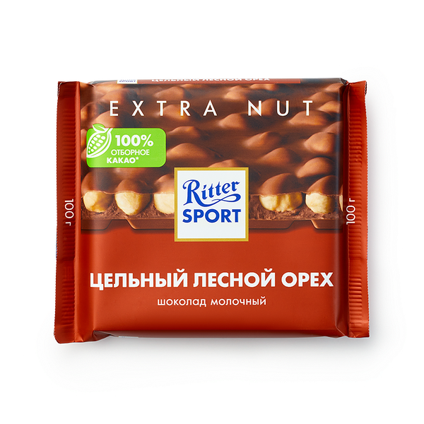 Шоколад молочный Ritter Sport Extra Nut с цельным лесным орехом