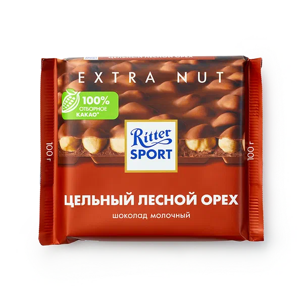 Шоколад молочный Ritter Sport Extra Nut с цельным лесным орехом