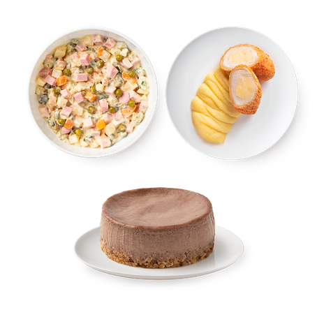 Котлета куриная по-киевски с пюре, 250 g + Чизкейк Кондитерский Дом А. Солиев шоколадный, 120 g + Оливье с колбасой Mazzali, 150 g