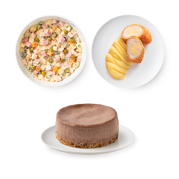 Котлета куриная по-киевски с пюре, 250 g + Чизкейк Кондитерский Дом А. Солиев шоколадный, 120 g + Оливье с колбасой Mazzali, 150 g