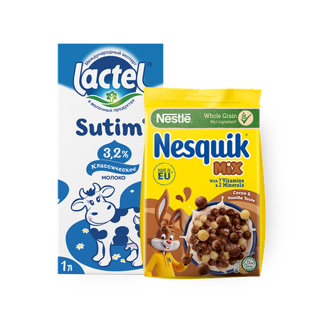 Молоко Lactel 3.2%, 1L + Готовый завтрак Nesquik Duo, 225 g