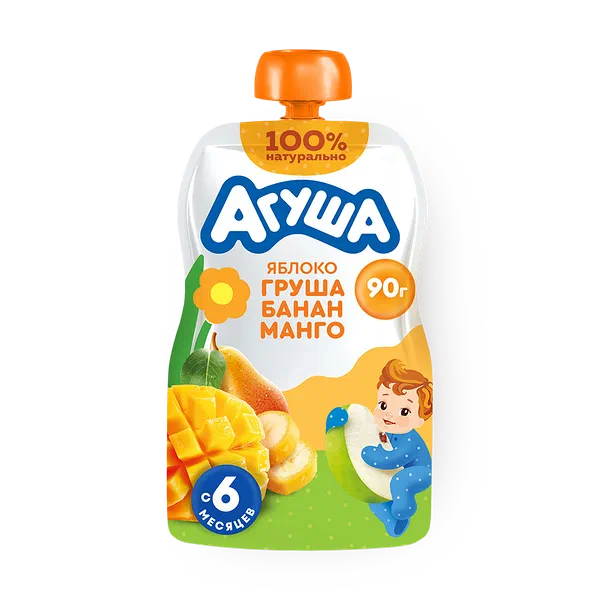Пюре фруктовое «Агуша» с яблоком, грушей, бананом и манго, с 6 месяцев