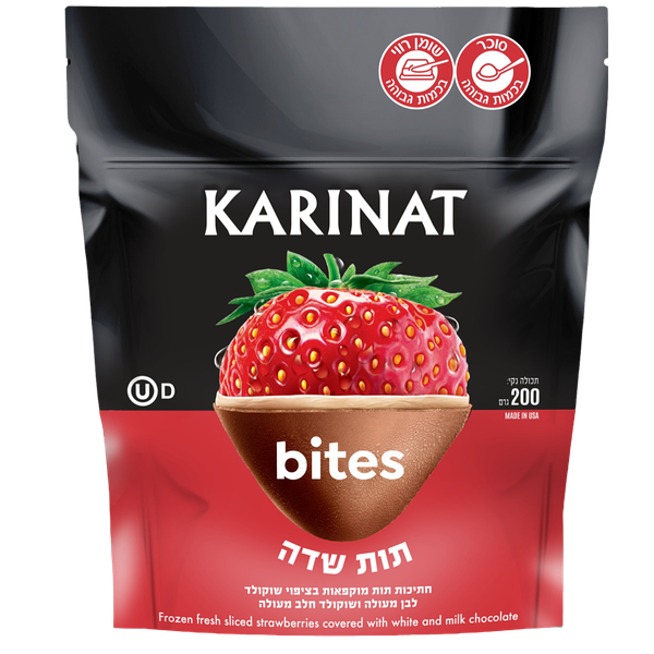 Karinat Bites frozen fresh sliced strawberries covered white and milk chocolate