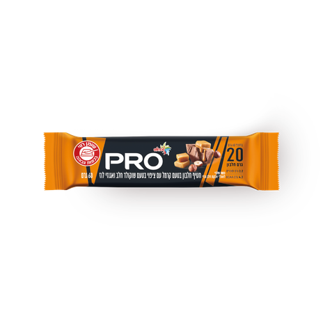 Pro- protein bar snack with caramel flavor coated with chocolate and nuts
