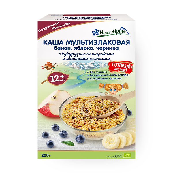 Каша безмолочная мультизлаковая Fleur Alpine банан, яблоко, черника с кукурузными шариками и овсяными хлопьями с 12 месяцев