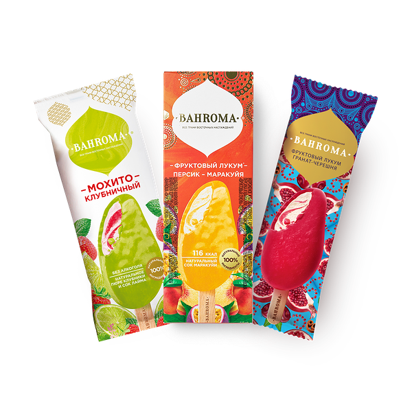 Мороженое Bahroma Фруктовый лукум персик-маракуйя эскимо, Фруктовый лукум гранат-черешня эскимо и клубничный мохито эскимо