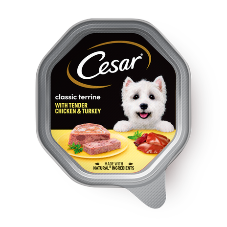 Canned dog Cesar with chicken, veg & parsley