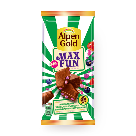 Шоколад молочный Alpen Gold Max Fun клубника, малина, черника, черная смородина, взрывная карамель, шипучие шарики