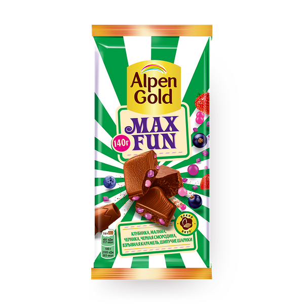Шоколад молочный Alpen Gold Max Fun клубника, малина, черника, черная смородина, взрывная карамель, шипучие шарики