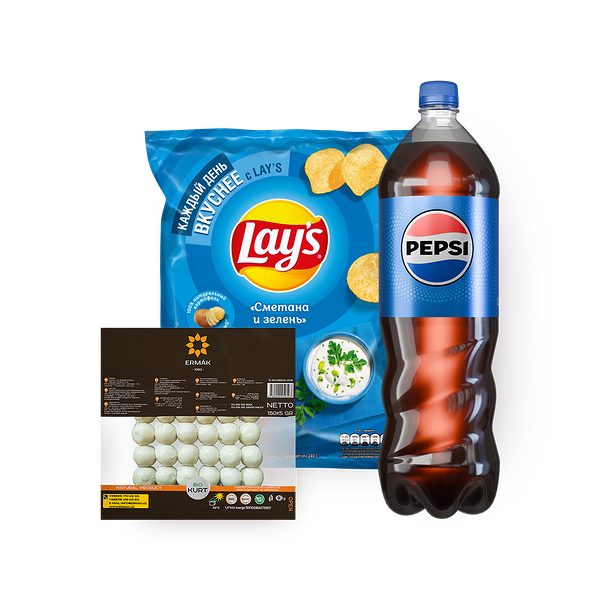 Напиток Pepsi газированный 1.5 L + Чипсы Lay's сметана и зелень 140 g + Курт Ermak 150 g