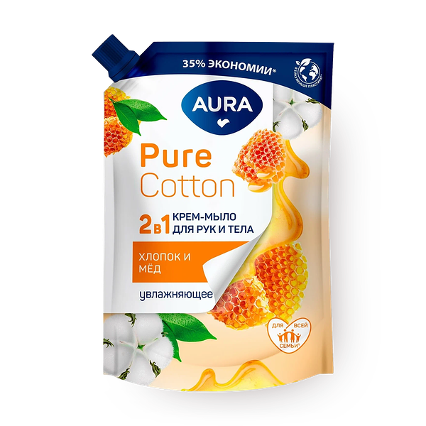 Крем-мыло жидкое для рук и тела Aura 2 в 1 Pure Cotton хлопок и мёд