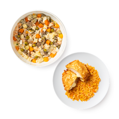 Куриная грудка с сыром и булгур с овощами и Оливье с мясом Mazzali