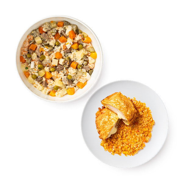 Куриная грудка с сыром и булгур с овощами и Оливье с мясом Mazzali