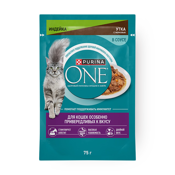 Влажный корм для кошек Purina One Особенно привередливых к вкусу индейка и утка с морковью