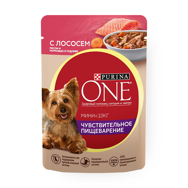 Влажный корм для собак с чувствительным пищеварением Мини Purina One с лососем, рисом и морковью