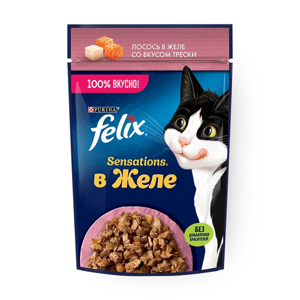 Корм влажный для кошек Felix Sensations лосось в желе со вкусом трески