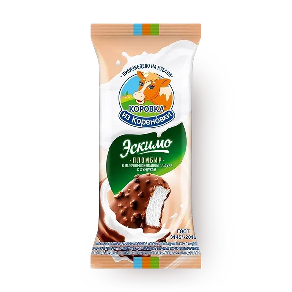 Мороженое пломбир ванильное «Коровка из Кореновки» в шоколадной глазури с фундуком эскимо
