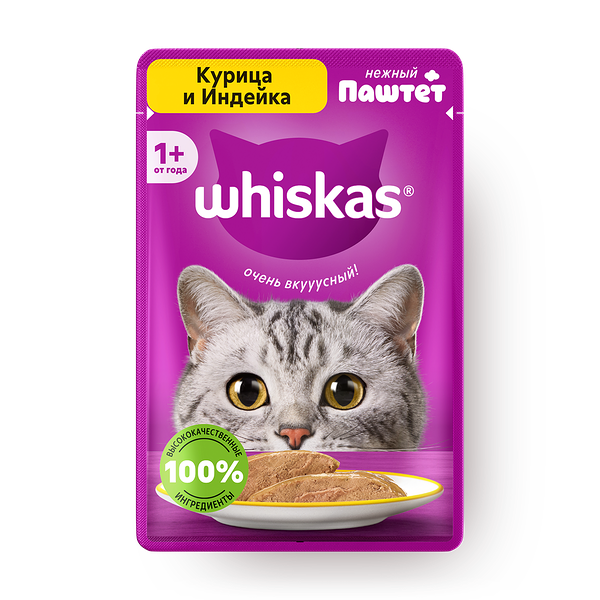 Влажный корм для кошек Whiskas курица и индейка паштет