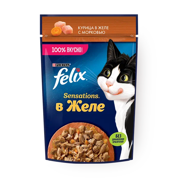 Корм влажный для кошек Felix Sensations курица в желе с морковью