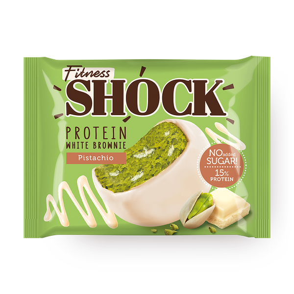 Пирожное протеиновое Fitness Shock брауни белый шоколад-фисташка в глазури