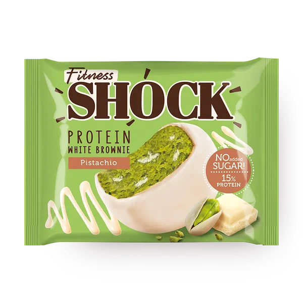Пирожное протеиновое Fitness Shock брауни белый шоколад-фисташка в глазури